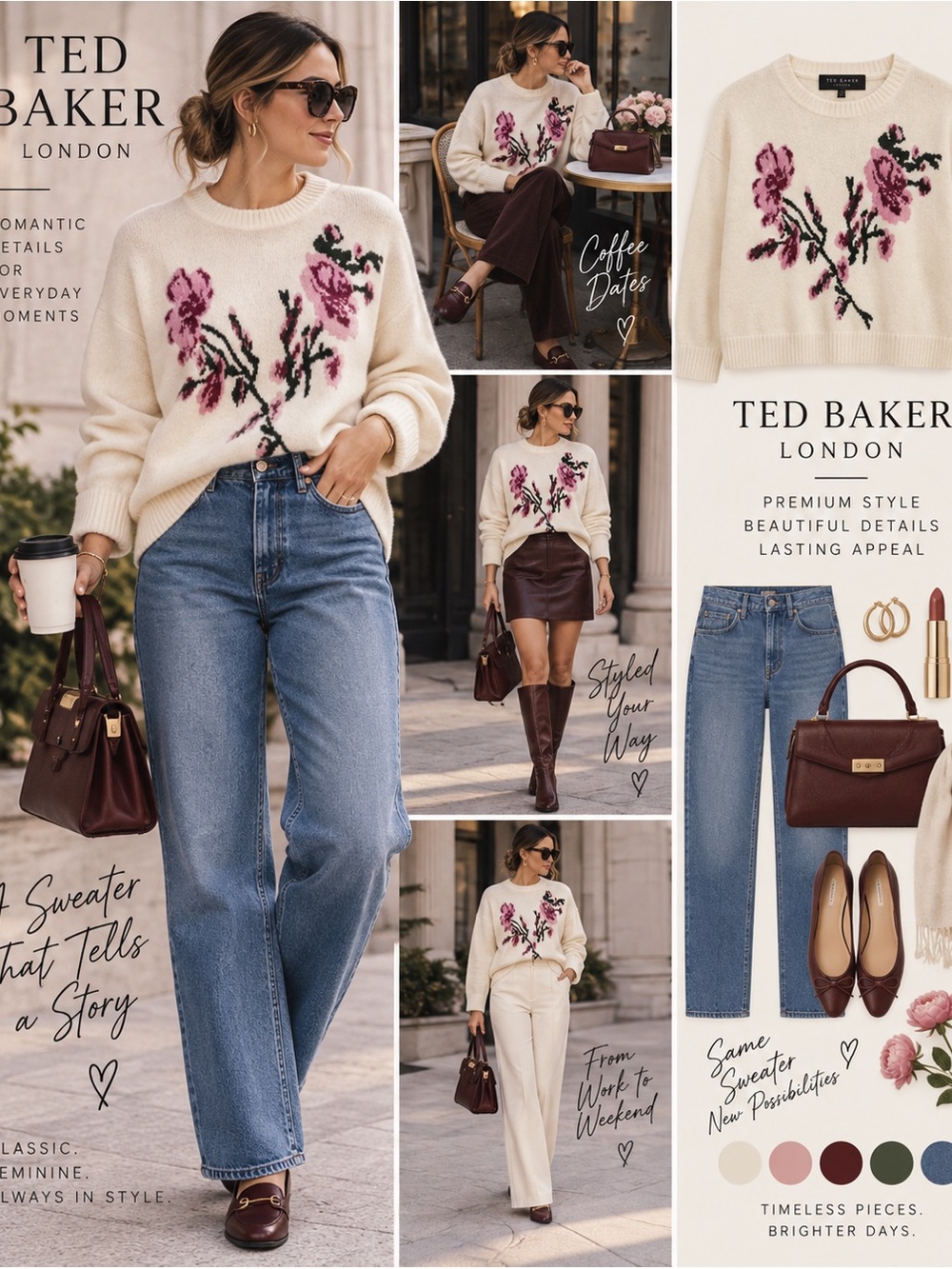 Ted Baker Cream Crewneck Sweater with Pink Floral Intarsia